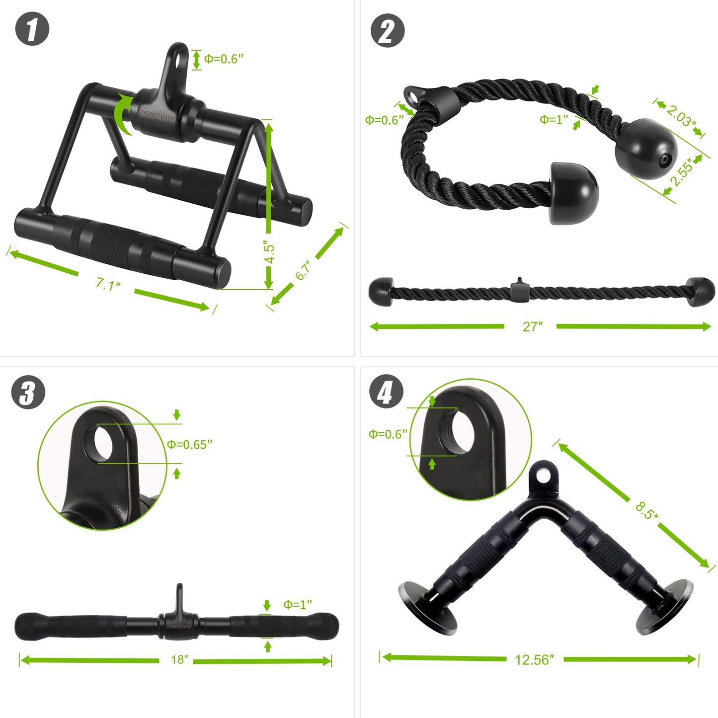 DYNASQUARE Cable Attachments for Home Gym, Made of Heavy Duty Solid Steel, LAT Pulldown Attachment, Weight Machine Accessories, Straight Pull Down Bar, Tricep Rope, Exercise & Double D Handle