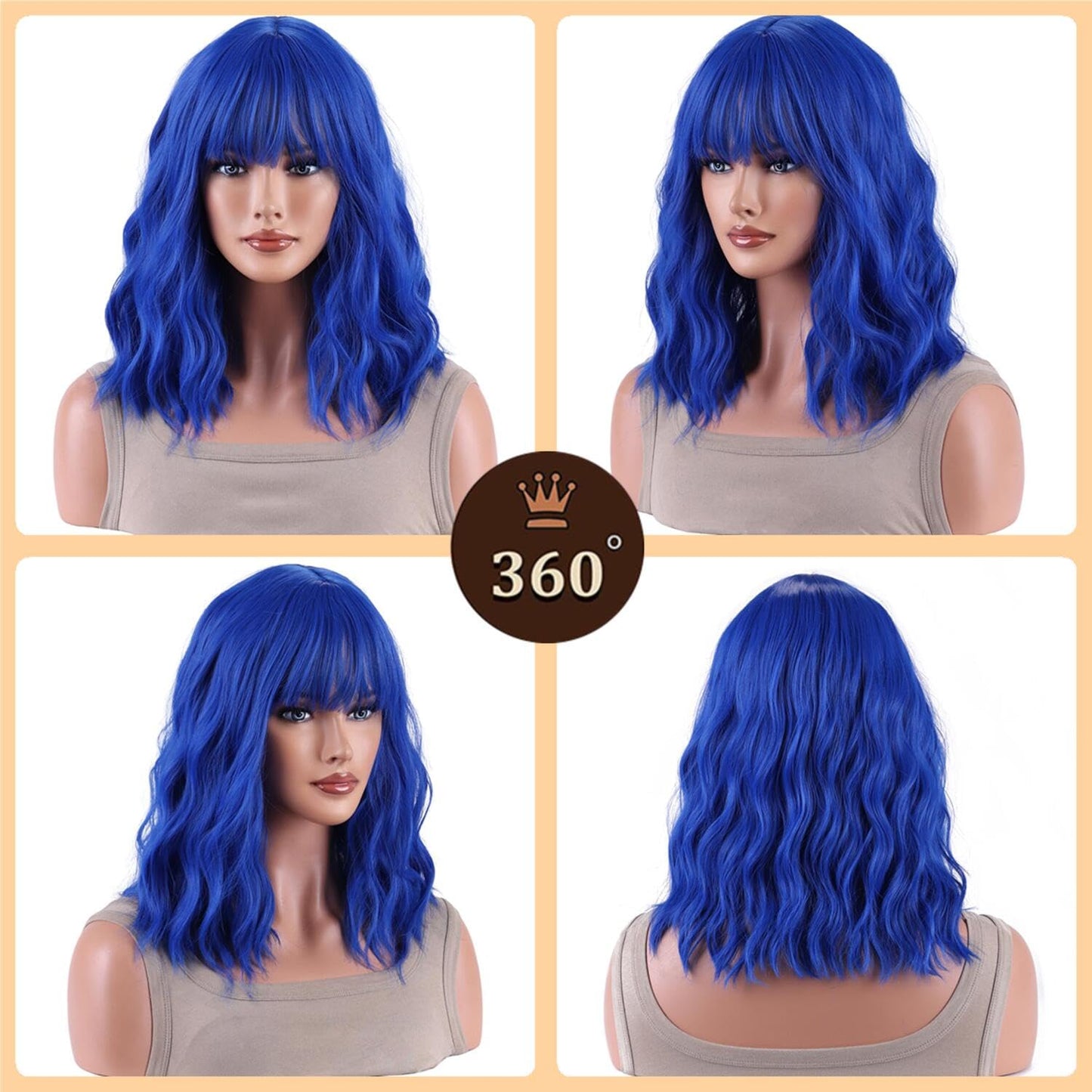 AneShe Dark Blue Wig Short Colored Wavy Bob Wigs with Bangs Curly Synthetic Colorful Wigs Blue Costume Wigs for Party Cosplay (14" Dark Blue)