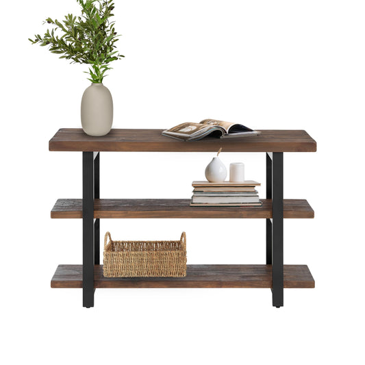 Alaterre Furniture Pomona 48" Solid Pine Wood Media Console Table with 2 Open Shelves and Metal Legs - 3-Tier Storage Display and Rustic Industrial Accent Furniture in Natural Finish