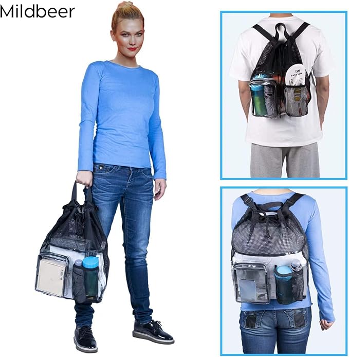 Mildbeer Clear Mesh Backpack for Beach Swimming Gym Travel, Drawstring Mesh Bag for Sports, Camping, Transparent Backpack with Wet and Dry Separation