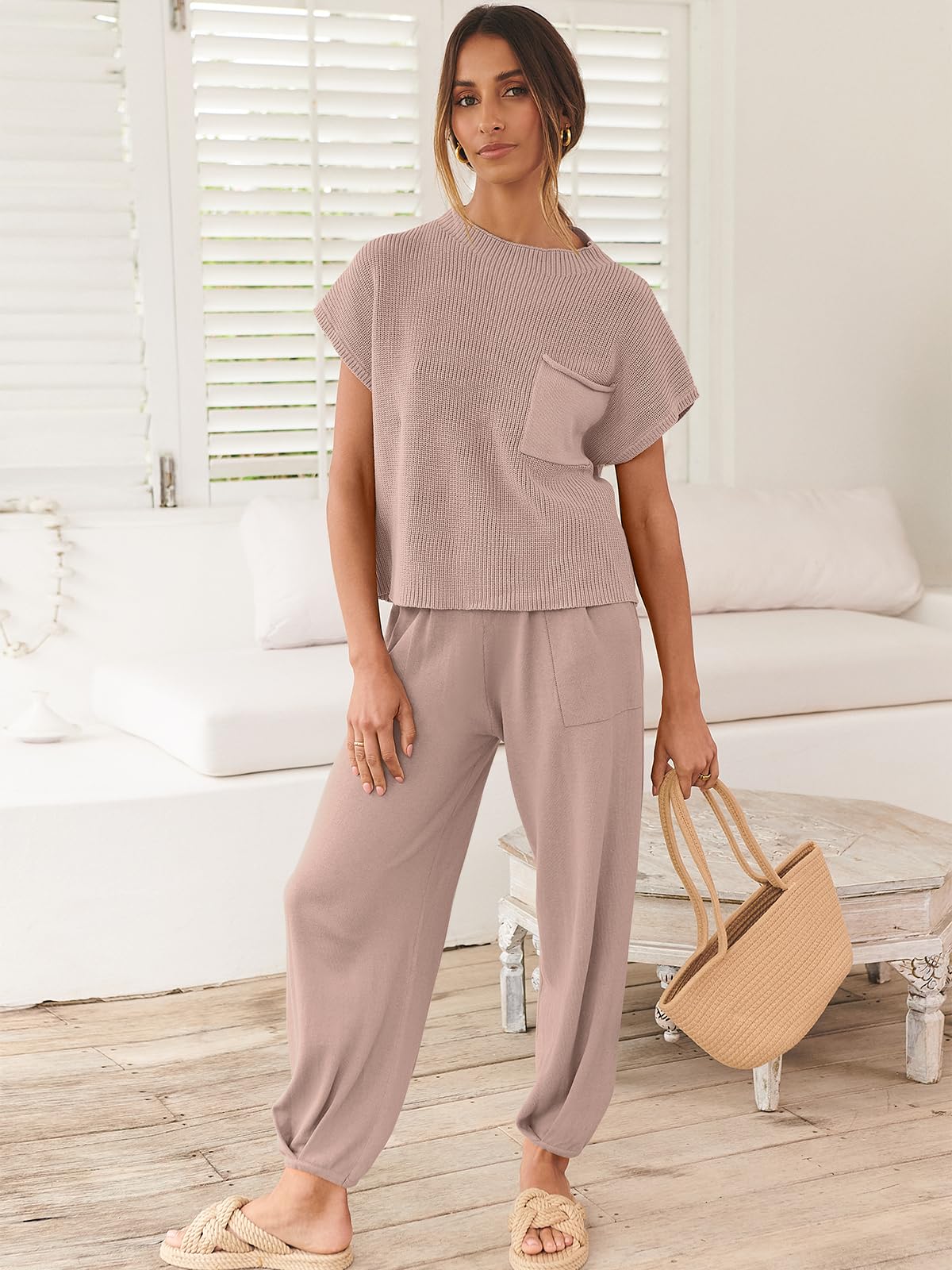 ANRABESS Women's Two Piece Outfits Knit Sweater Pullover Crop Top & Pants Lounge Matching Tracksuit Sweatsuit Sets 2024 Trendy Loungewear Clothes Light Pink X-Small