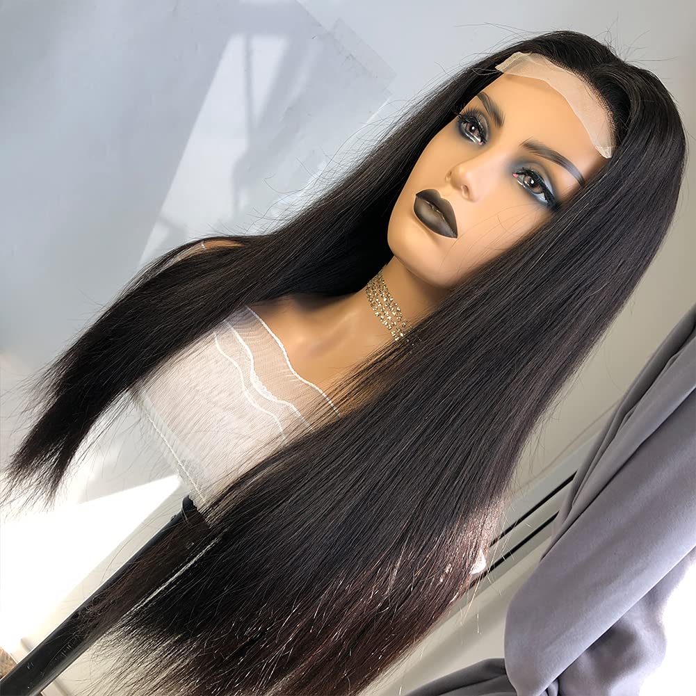 Ainimiu Straight Lace Closure Wigs Human Hair Pre Plucked 180% Density Glueless 12A Brazilian Virgin Hair 4x4 Lace Front Wigs Human Hair For Black Women Natural Black Wig With Baby Hair 18inch