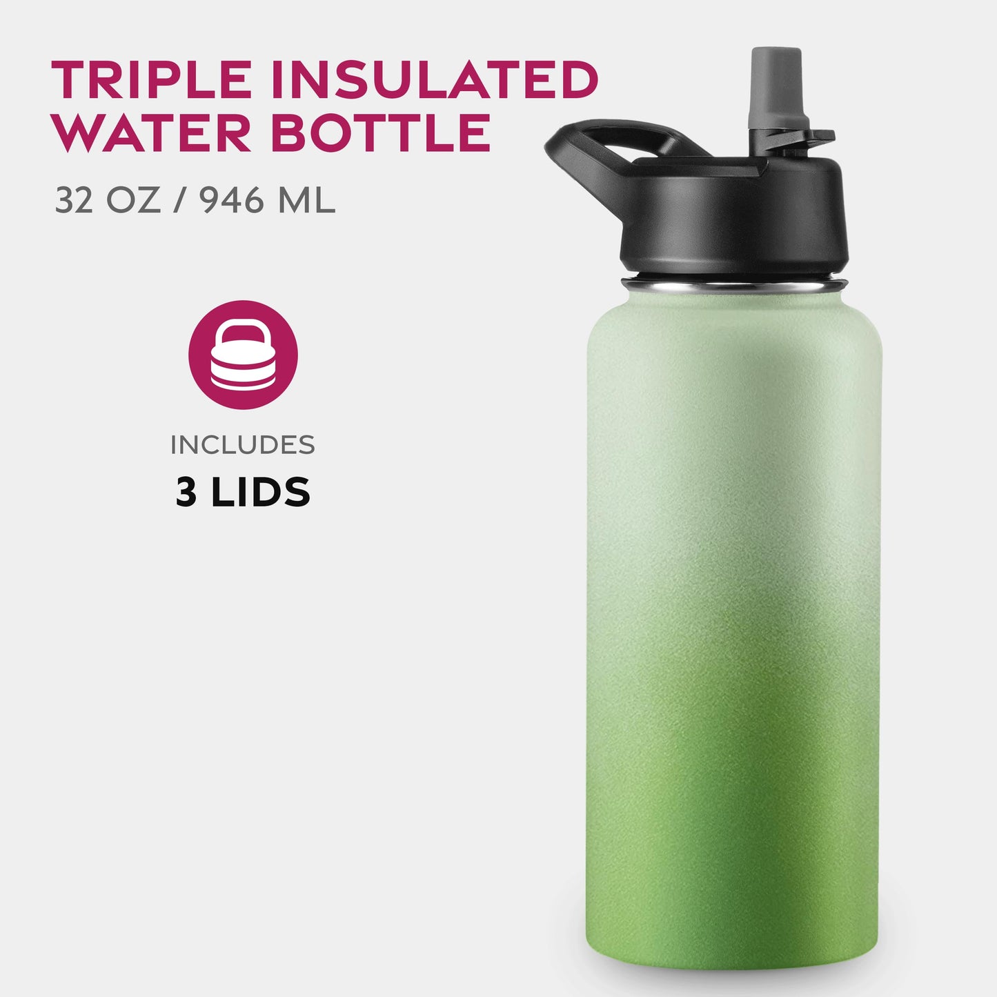 FineDine Triple Walled, Insulated Water Bottles with Straw - 32 Oz Stainless Steel Metal Bottle W/ 3 Leak Proof Lids - For Travel, School, Sports, Gym / Men, Women & Kids - Dreamy Green