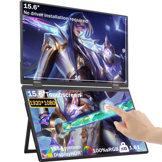 Dual Portable Monitor Touchscreen,15.6" 1080P FHD Laptop Screen Extender,100% sRGB 315° Folding Rotation Game Dual Monitor w/Stand & VESA,Type-C standard HDMI for Laptop/PC/Mac/Phone(No Driver Needed)