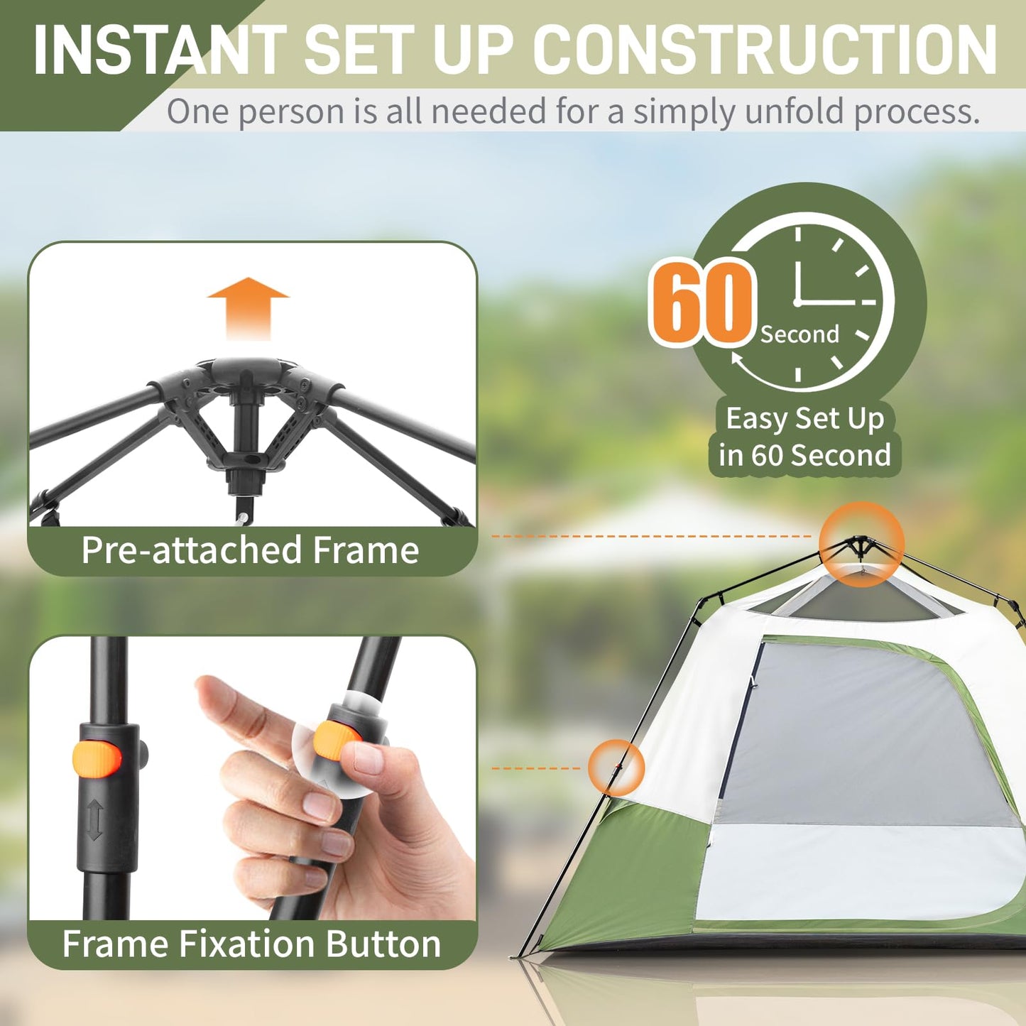 Outvita Camping Tent - 4/6 Person Waterproof, Portable Backpacking With Instant Setup, Double Fabric for Family Camping, Hiking, Outdoor - Set Up Within 60 Seconds, Army Green