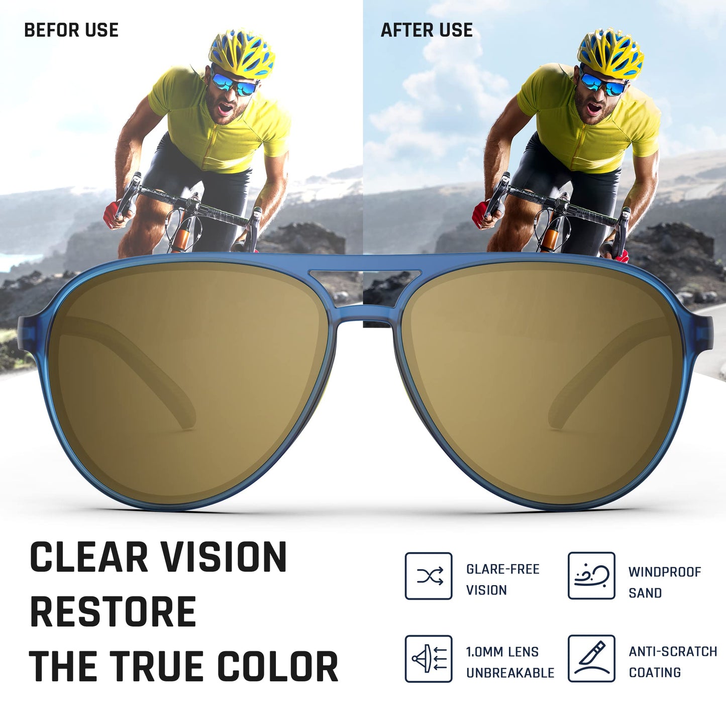 TOREGE Aviator Sunglasses Polarized Sunglasses for Men Women, Lightweight Sports Sun Glasses UV400 Protection For Driving Cycling Fishing Boating Beach Golf TR75(Blue&Yellow&Brown Copper Lens C13)