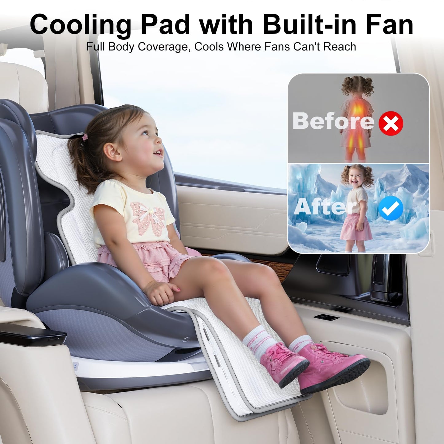 AMACOOL Baby Stroller Cooling Pad, 3D Breathable Cooler Pad with 2 Built-in Blower, Max 10H Ventilation 3 Speeds 10000mAh Rechargeable Car Seat Liner Cooling Cushion for Toddler Baby Summer Essentials