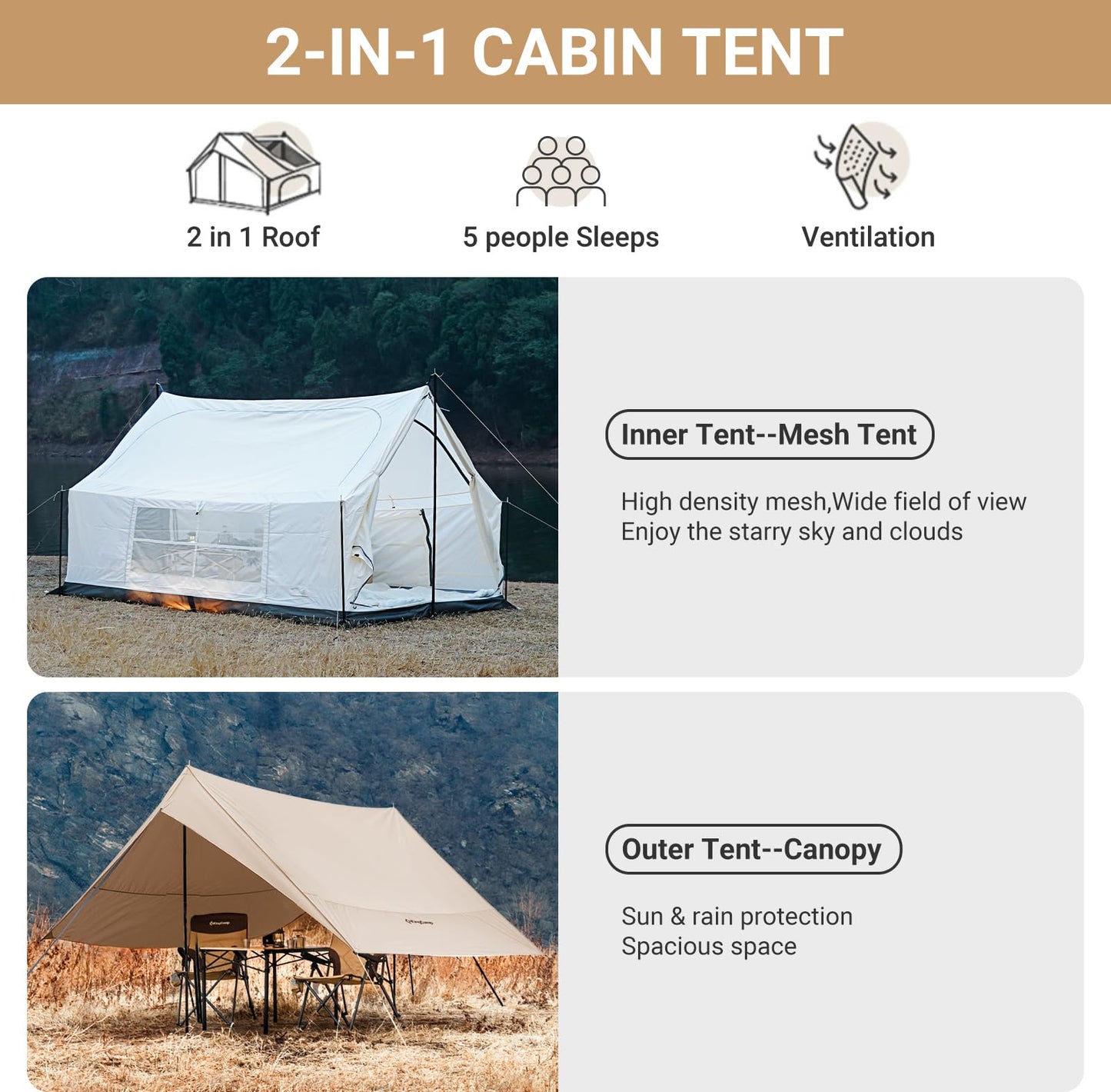 KingCamp 6-8 Person Canvas Tent for Camping Waterproof & Windproof Cabin Tents with Large Mesh Windows, Easy Setup, All Season Wall Tent for Family Camping, Hiking, and Outdoor Events