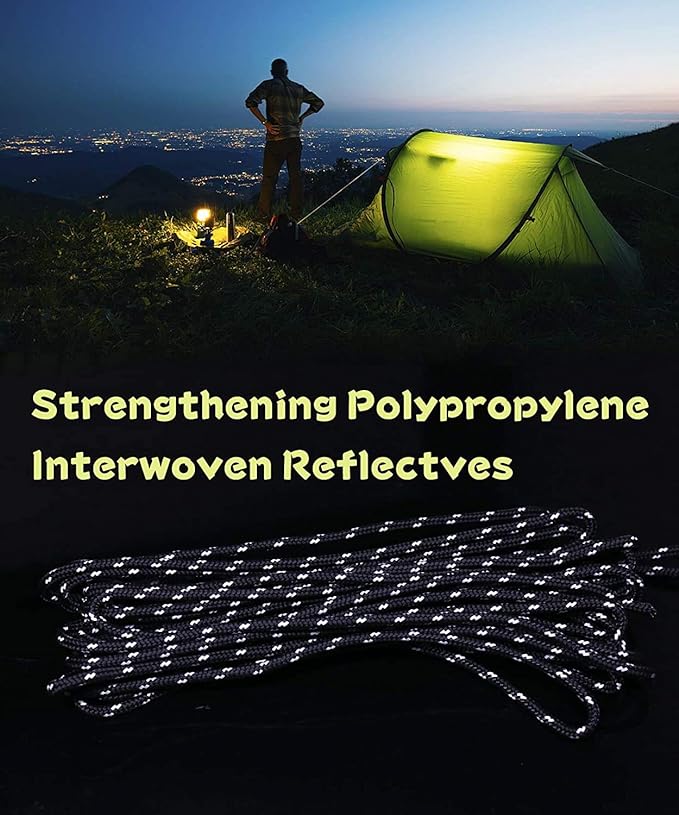 Hikeman 6 Pack 4mm Outdoor Guy Lines Tent Cords Lightweight Camping Rope with Aluminum Guylines Adjuster Tensioner Pouch for Tent Tarp, Canopy Shelter, Camping, Hiking, Backpacking (Fluorescent Green)