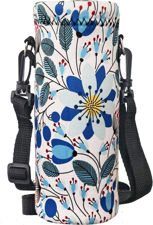 RICHEN Neoprene Water Bottle Carrier Bag with Adjustable Shoulder Strap,Insulated Water Bottle Cover for 500ml/16oz Stainless Steel/Glass/Plastic Bottles Bottles (Blue Flowers,500ML)