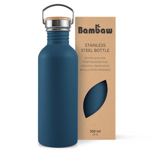 Bambaw Small Metal Water Bottle 16 oz, Navy Blue Water Bottle Dishwasher Safe, Non-insulated Single Wall Stainless Steel Bottle, Small Water Bottle Reusable, Water Bottle no Straw – Aegean Blue