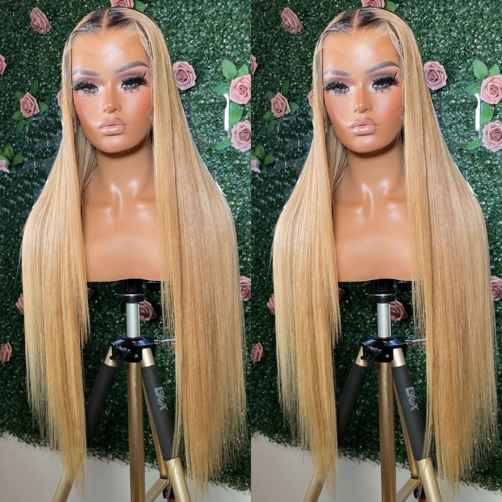 ANDRIA 13x4 HD Lace Front Wigs 200% Density Honey Blonde Straight Glueless Lace Frontal Wigs ombre Ash Blonde Wig for Black Women Synthetic Heat Resistant Hair Wig With Baby Hair Pre Plucked 28 Inch