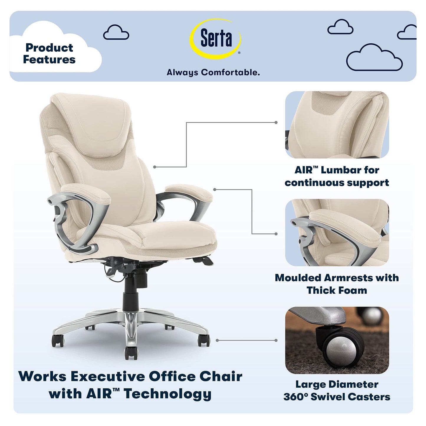 Serta Bryce Executive Office Chair, Ergonomic Computer DeskChairs with Patented AIR Lumbar Support, Comfy Body Pillows, Height Adjustable, Swivel Base with Wheels, Bonded Leather, Cream White