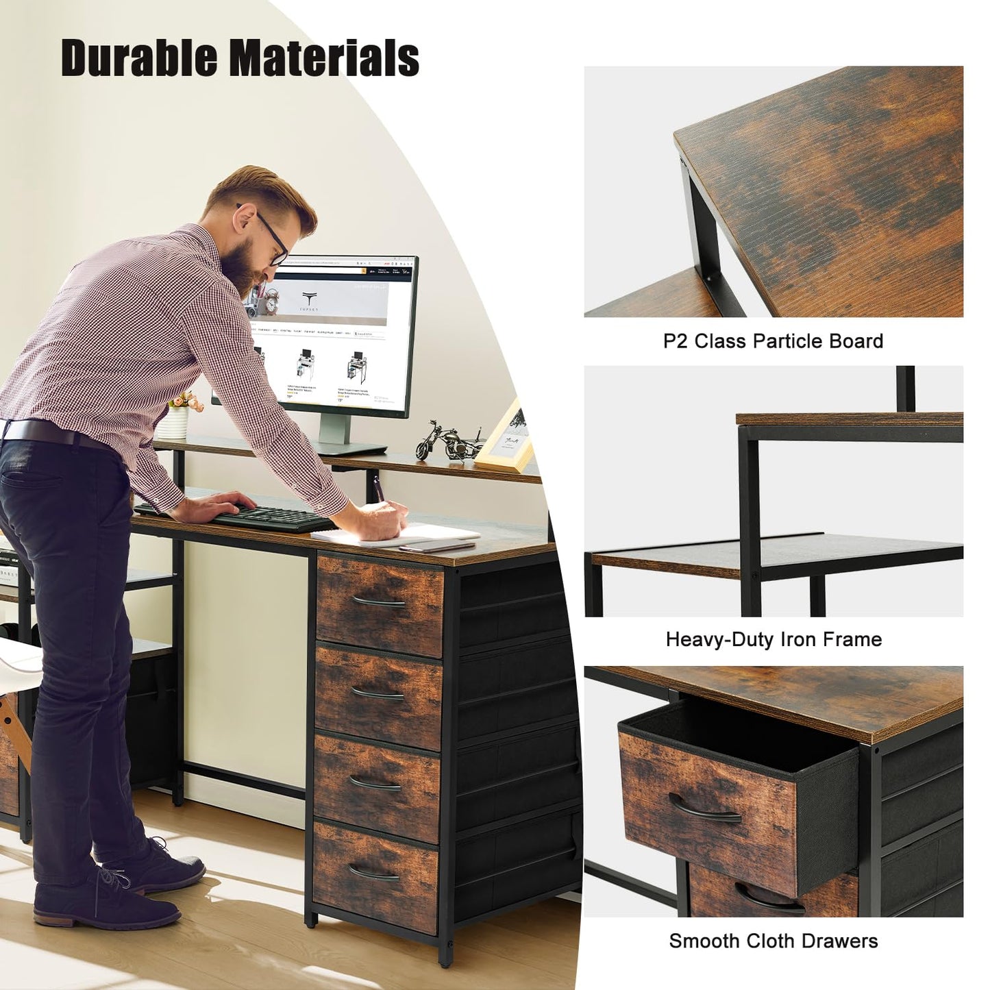 TOPSKY Computer Desk with Storage Shelf/Cloth File Drawer for Letter Size/Monitor Stand Study Table for Home Office (Rustic Brown, 62.4 inch)