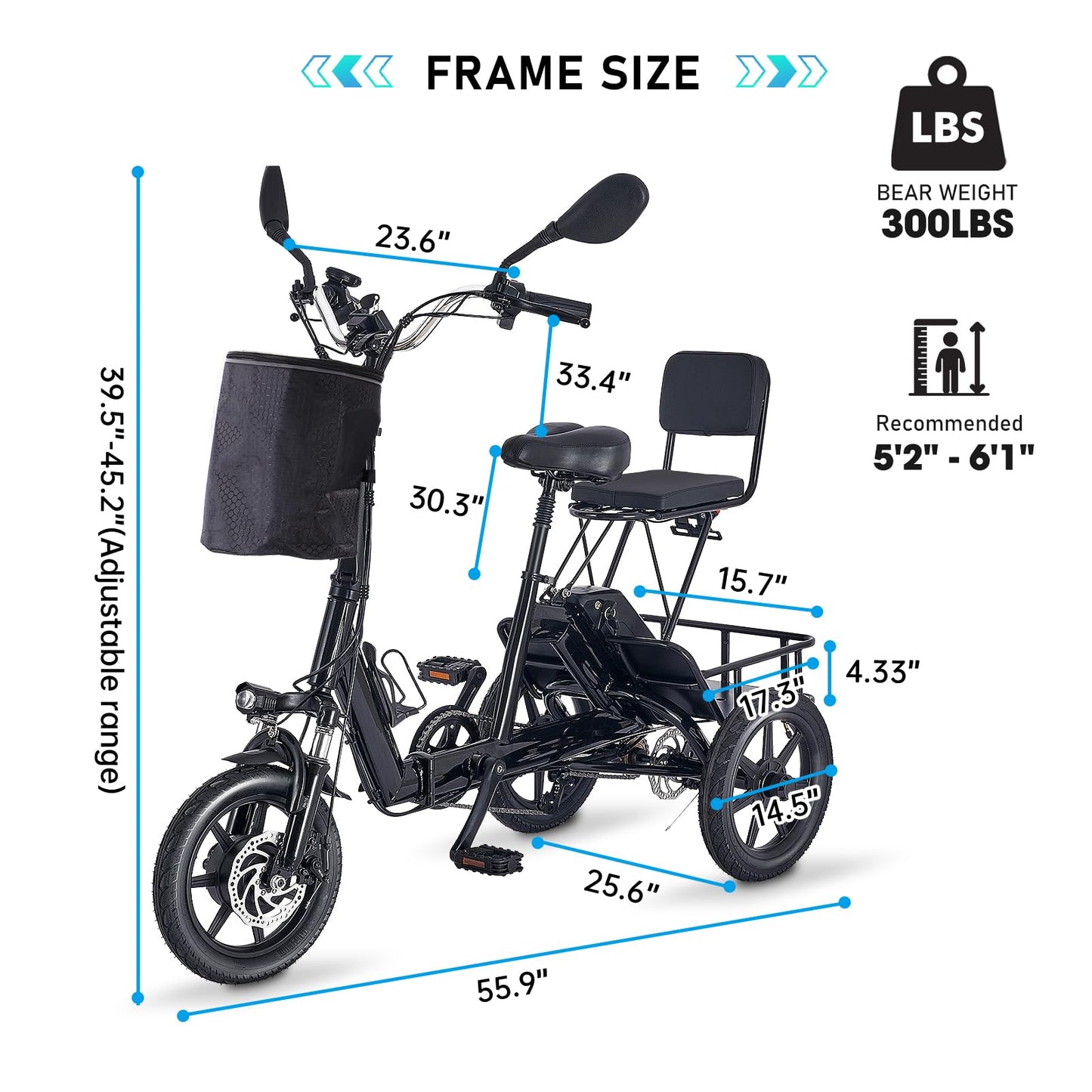 Electric Tricycle for Adults Foldable, 350W(Peak 500W) Folding Electric Trike, 3 Wheel Bikes for Adults with 480Wh Removable Battery, Trike Ebike with 2 Seats and Large Basket for Seniors Women Black