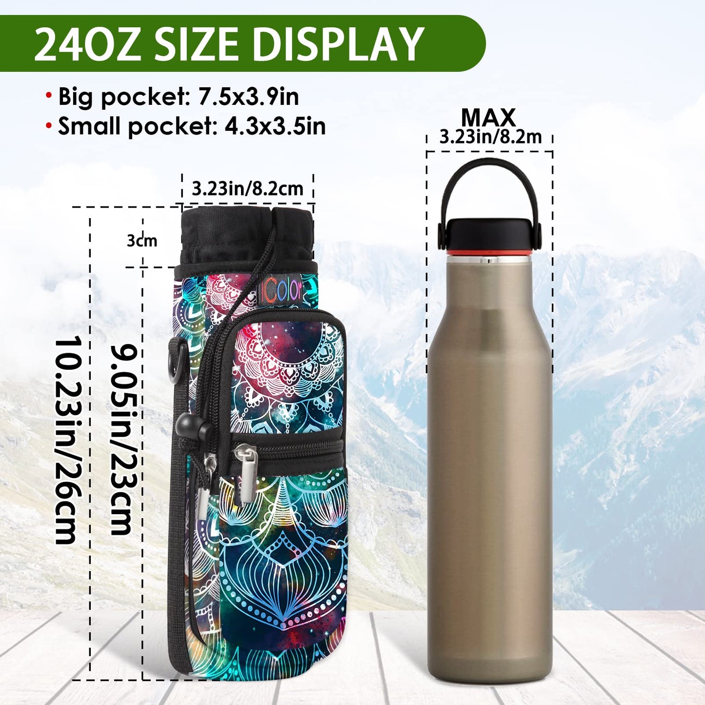 icolor Water Bottle Carrier Bag Holder 25/32/40/64oz,Adjustable Padded Shoulder & Handle Strap Sports Sling Hiking Pack,Insulated Neoprene Wide Mouth Bottle Sleeve