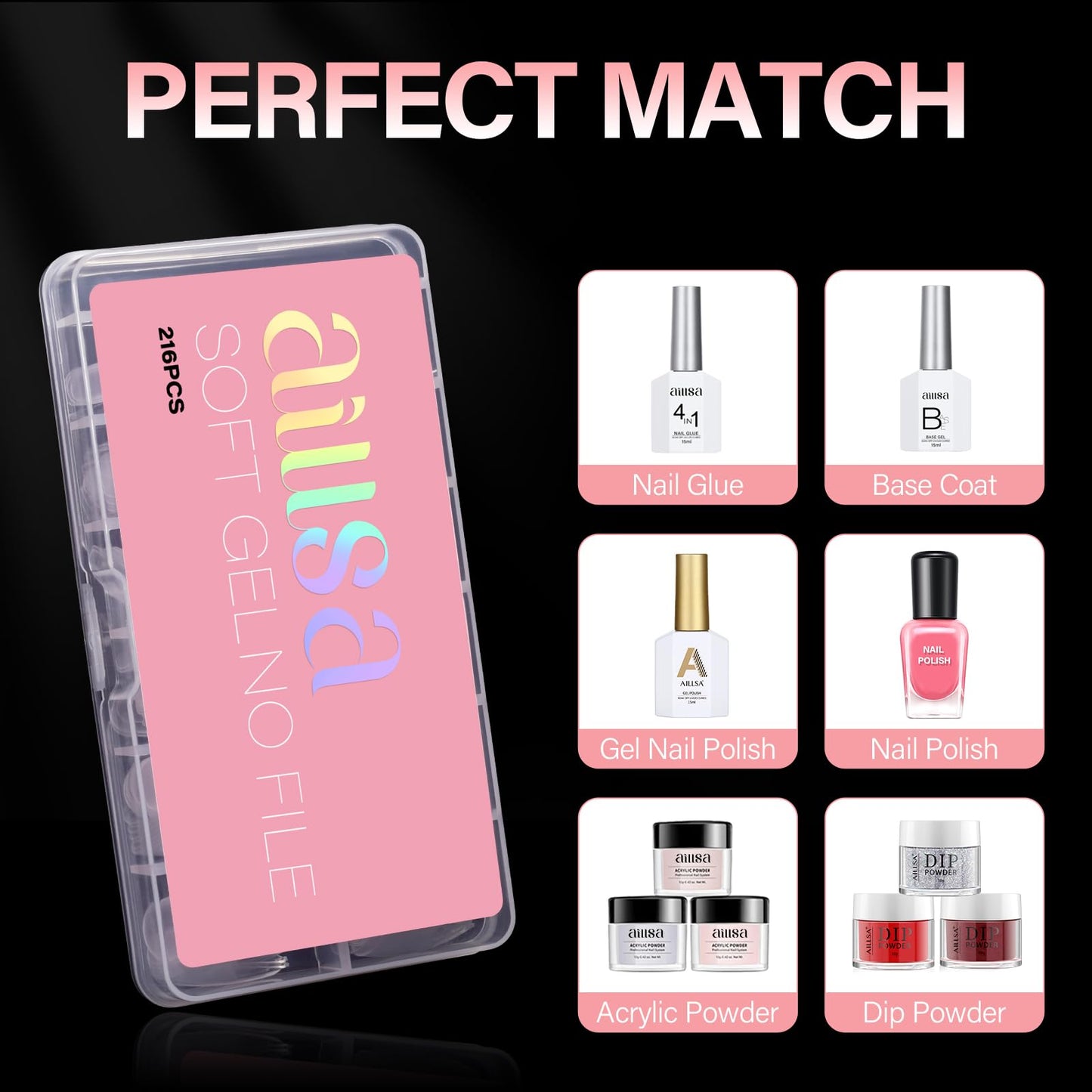 AILLSA Medium Almond Nail Tips Pre-Shaped Acrylic Nails Tips Half Matte Full Cover Tips Clear Gelly Press on Flase Nail Tips for Extension Nail Manicure Home DIY 216PCS 12Sizes