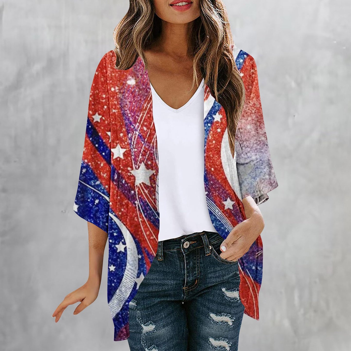 Women American Flag Lightweight Chiffon Cardigan Short Sleeve Flowy 4th of July Cover Up Casual Open Front Blouse Top Multicolor,XL