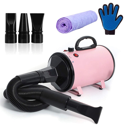 Dog Dryer, 2000W Stepless Adjustable Speed Dog Hair Dryer Blaster,Professional Pet Dog Grooming Dryer Blower, 3 Different Nozzles,Adjustable Temperature (30°C-55°C) with Glove and Towel,Pink