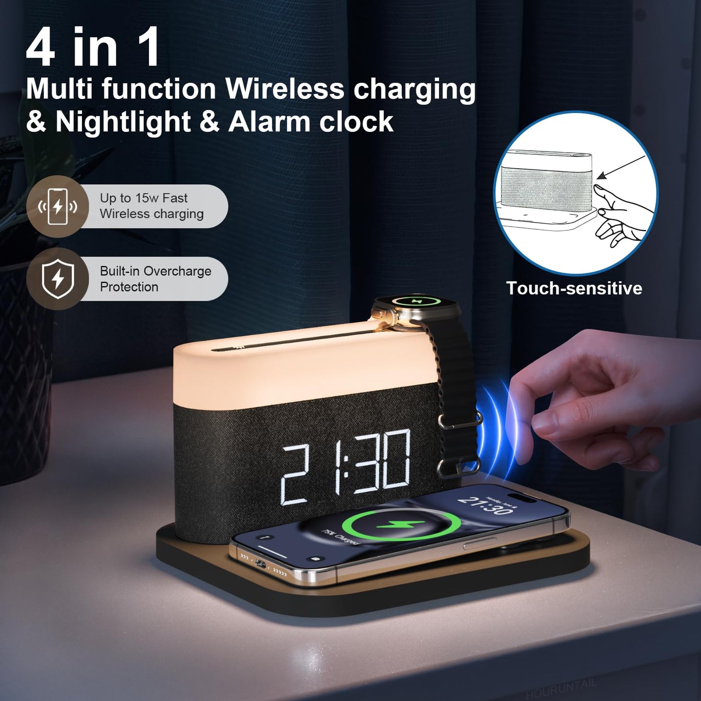 HOURUNTAIL Alarm Clock with Multi-Function Mobile Phone Watch Wireless Charging 15W Max Touch Bedside Lamp,3 Colors nightlight, Sleep Timer for Bedroom,Bedside,Desk
