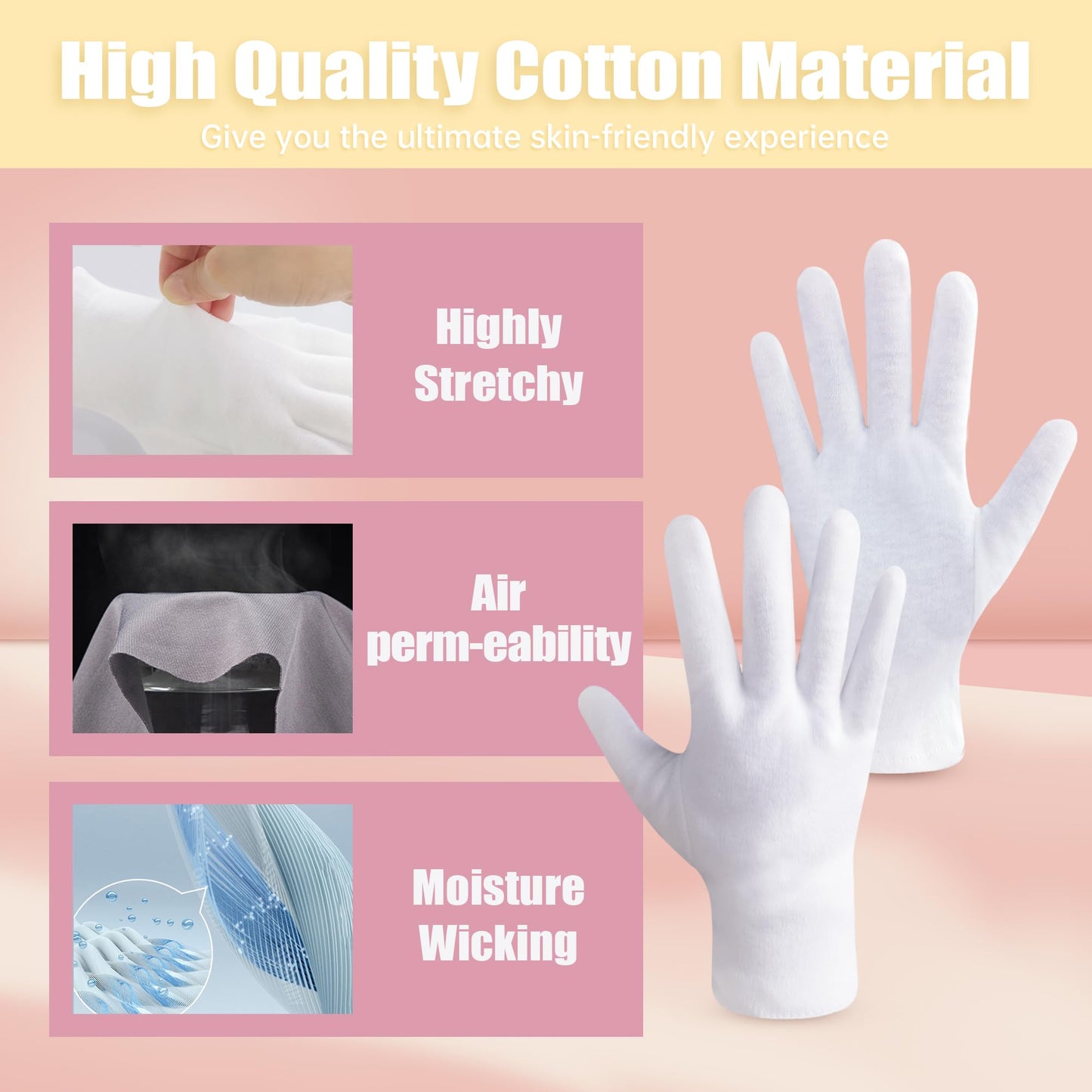 HandLove 12 Pairs Premium 100% Cotton Gloves, Dry Hands & Eczema, Overnight Lotion & Spa Treatment for Women & Men, Reusable | Wrist Extended White