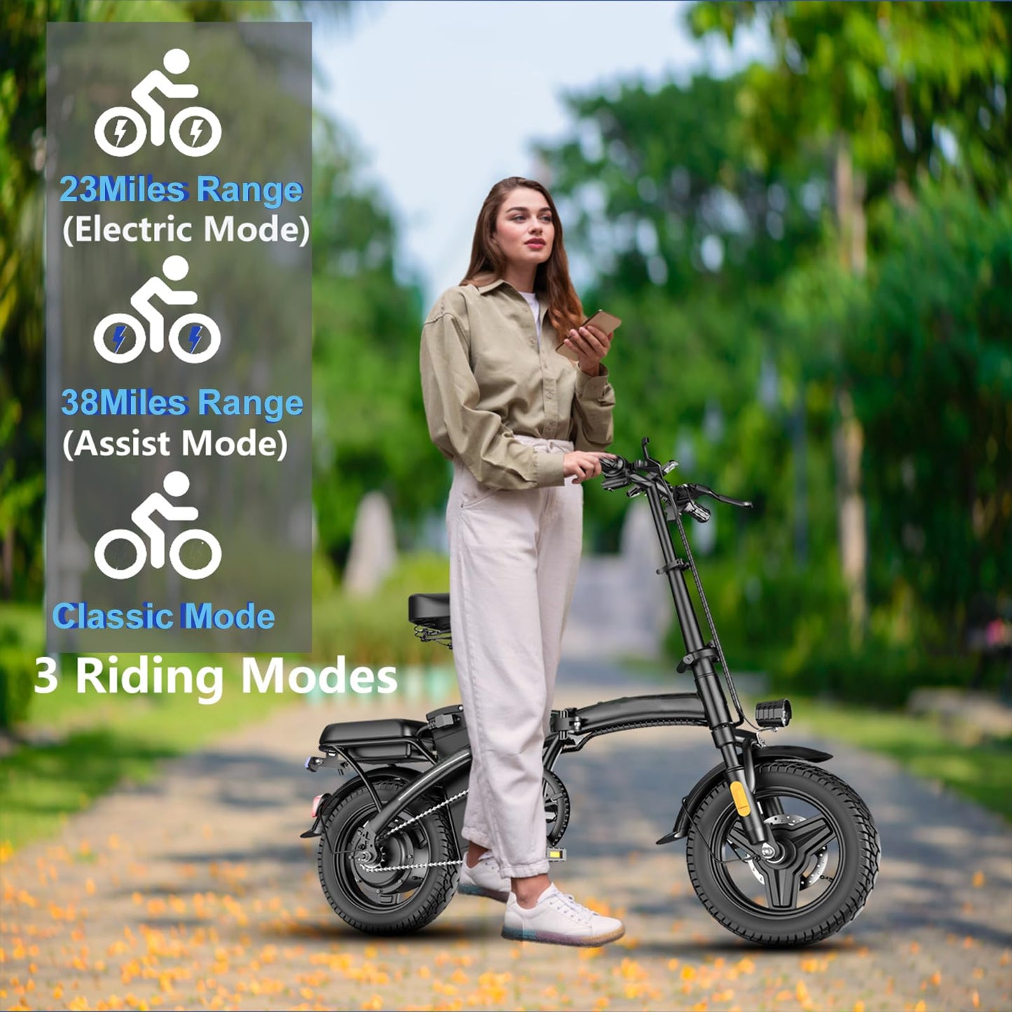 Electric Bike for Adults Peak 500W, 23MPH Max Speed Folding Electric Bicycles, 14" Mini Ebike Pedal Assist, 30° Uphill Shock Absorbers E-Bike, 48V12AH Removable Battery, Top 38 Miles PAS Range