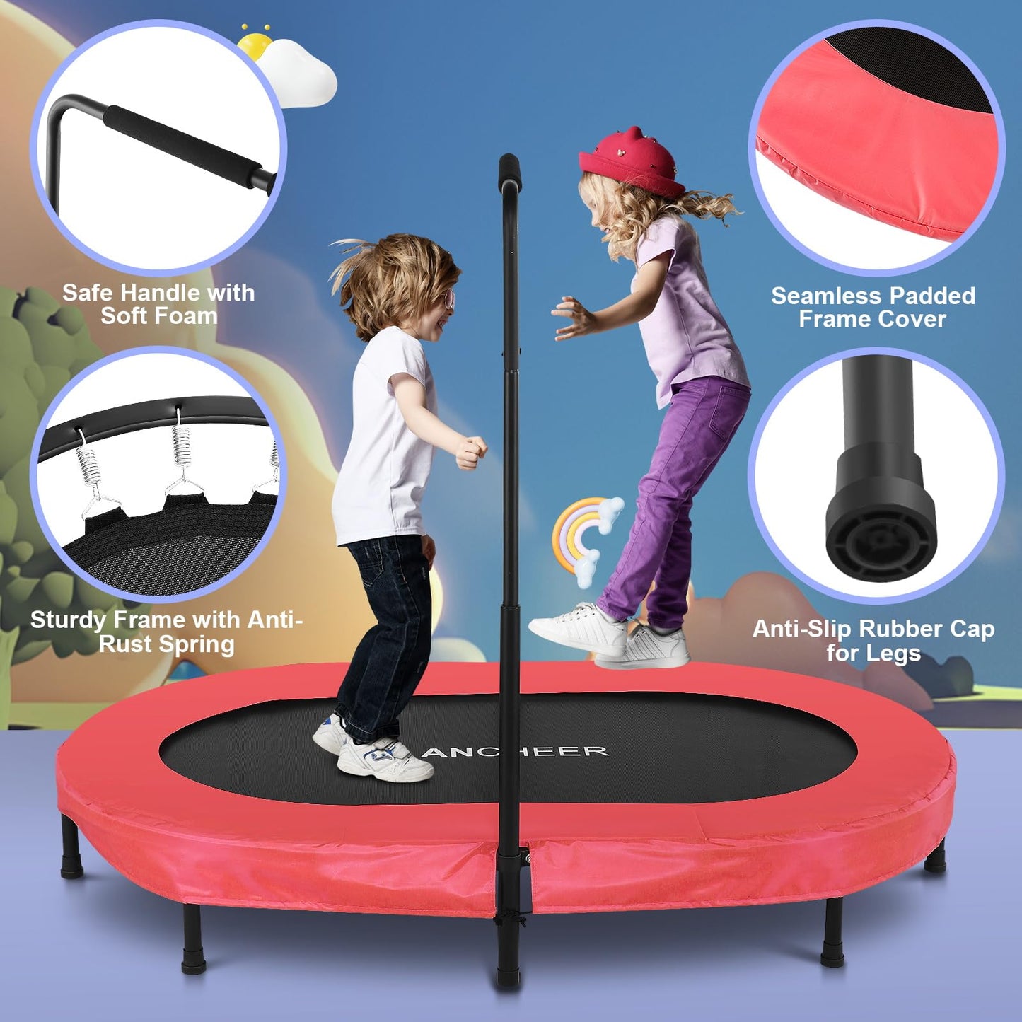 ANCHEER Foldable Trampoline, Mini Rebounder Trampoline with Adjustable Handle, Exercise Trampoline for Indoor/Garden/Workout Cardio, Parent-Child Twins Trampoline Max Load 220lbs (Training Red)