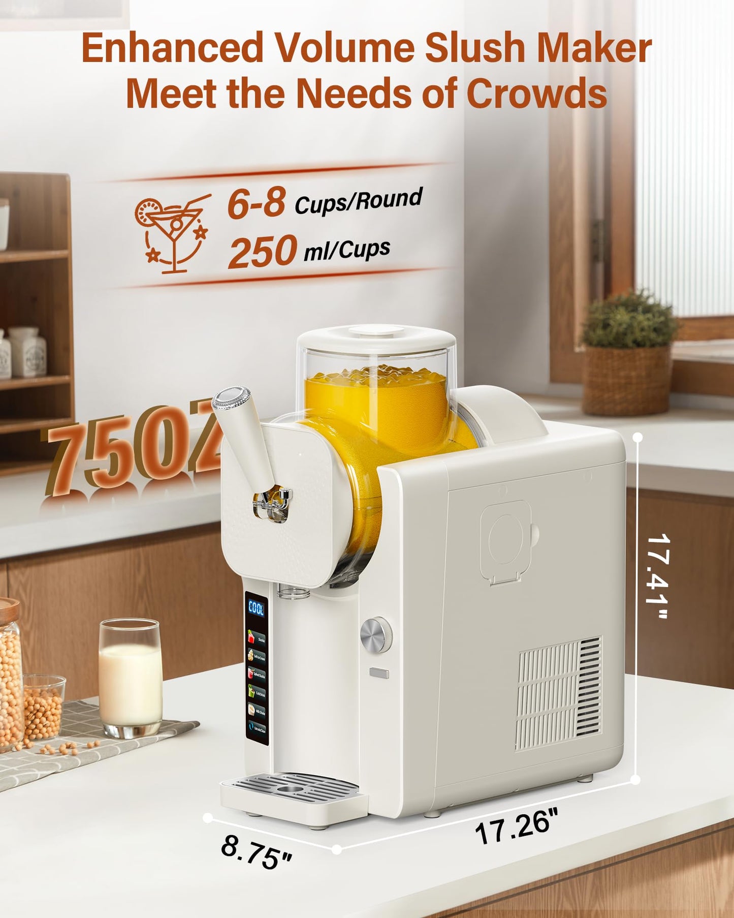 Slush Machine & Ice Cream Maker Machine 2-IN-1, 6 Modes for Smoothies, Milkshakes, Cocktails, Margarita, and Ice Cream, Double-Layer Tank, With Ice Cream Cone Holder, Self-Cleaning, For Home Use