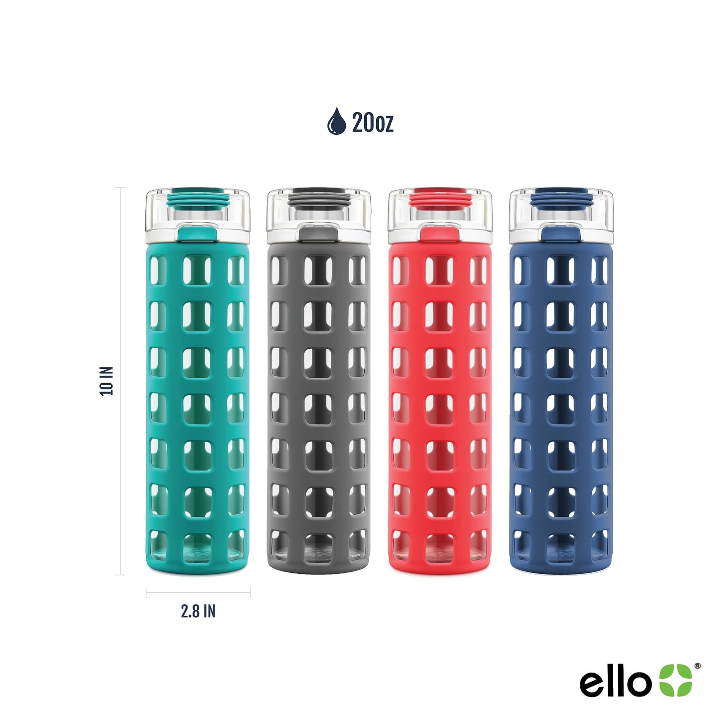 Ello Syndicate Glass Water Bottle with One-Touch Flip Lid and Protective Silicone Sleeve and Carry Loop, BPA Free, Dishwasher Safe, Coral, 20oz