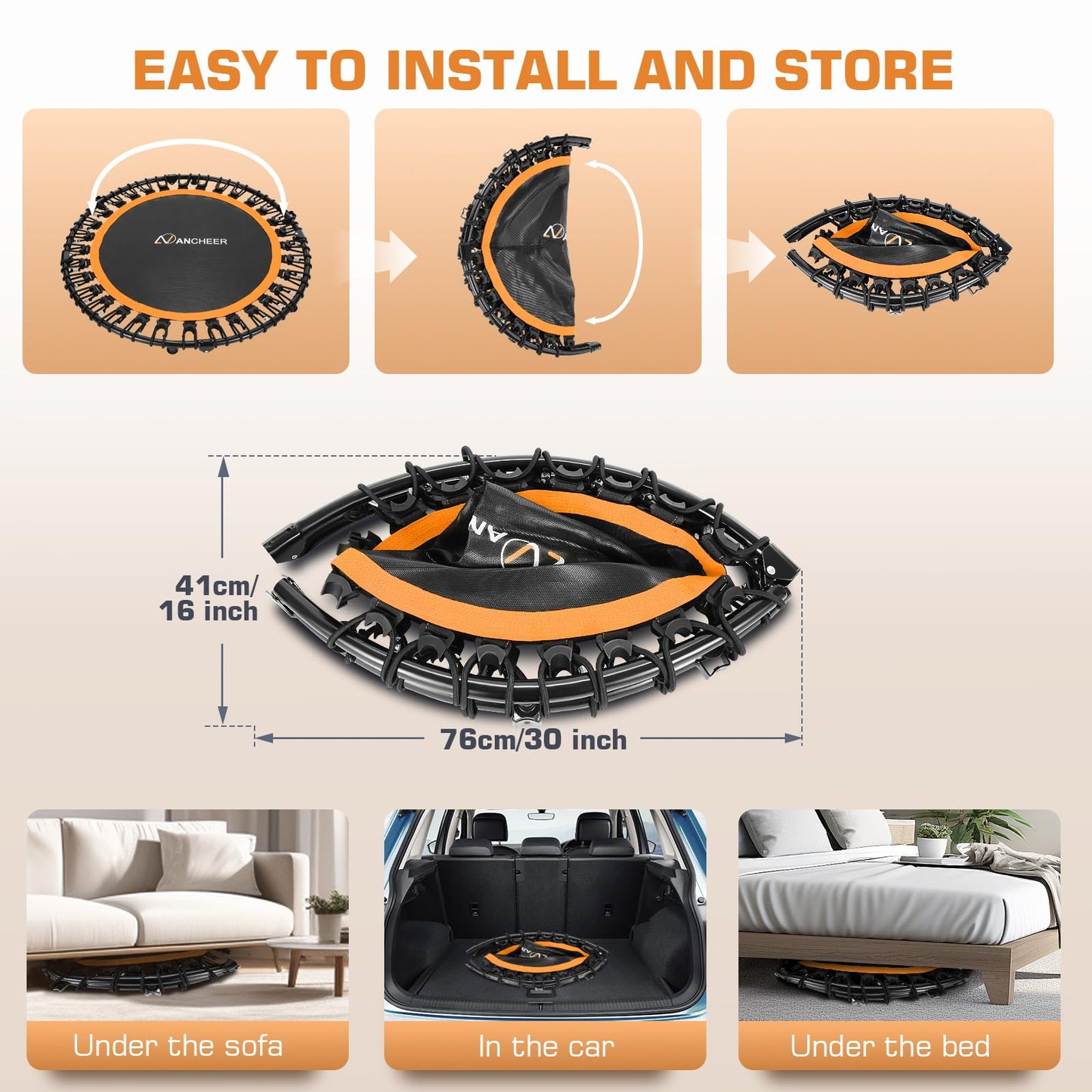 ANCHEER 40" Foldable Mini Trampoline - Max Load 350lbs - 450lbs Indoor Trampoline - with 4 Level Adjustable Foam Handle and Resistance Bands - Adult Exercise Trampoline for Home,Gym and Garden(O)