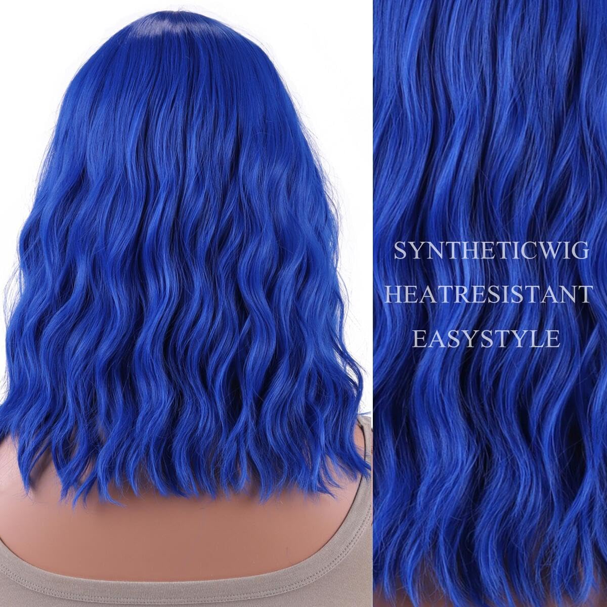 AneShe Dark Blue Wig Short Colored Wavy Bob Wigs with Bangs Curly Synthetic Colorful Wigs Blue Costume Wigs for Party Cosplay (14" Dark Blue)