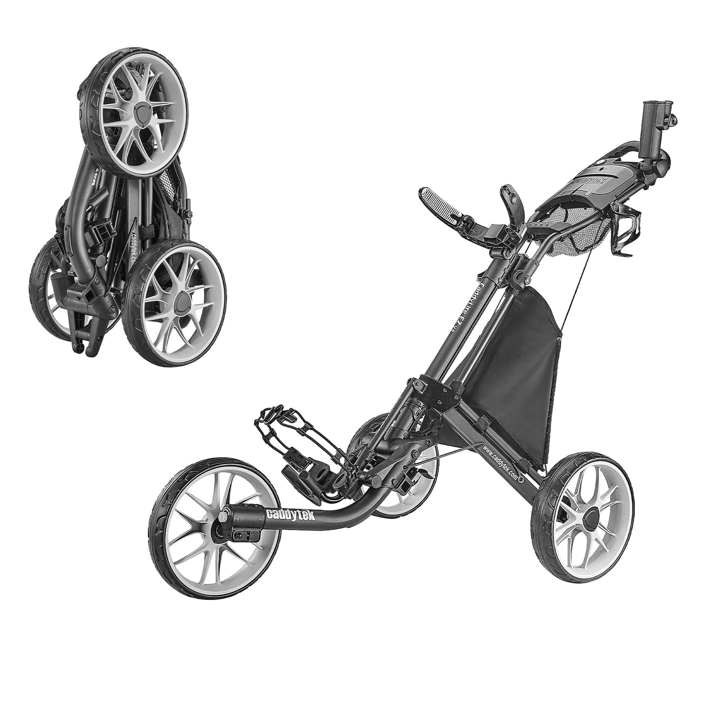 Caddytek CaddyLite EZ Fold V8 Golf Push Cart – Lightweight 3-Wheel Collapsible Trolley with Folding Button, Cooler Basket, Umbrella & Phone Holder, Magnetic Pad, Bag Straps