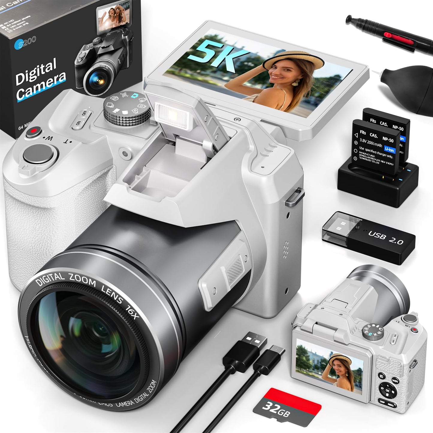 64MP Professional Digital Camera for Photography Autofocus, 5K Vlogging Camera for YouTube,16X Anti-Shake Compact Travel Camera with WiFi & App Control, Flash,SD Card, 2 Batteries (White)