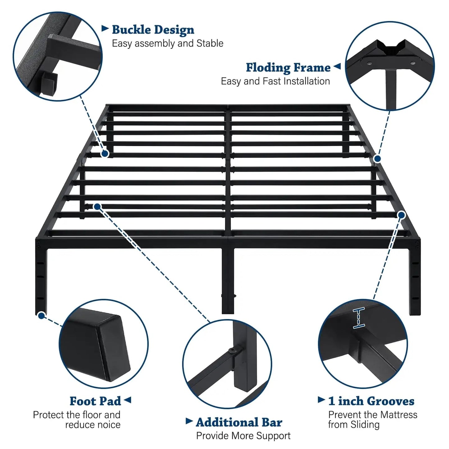 Approgreent Metal Queen Bed Frame, Durable Platform Queen Size Bed Frame, Heavy Duty Queen Bed Frame, No Box Spring Needed, Large Storage Space Under Bed, Quiet Without Noise Queen Bed Frame, Black