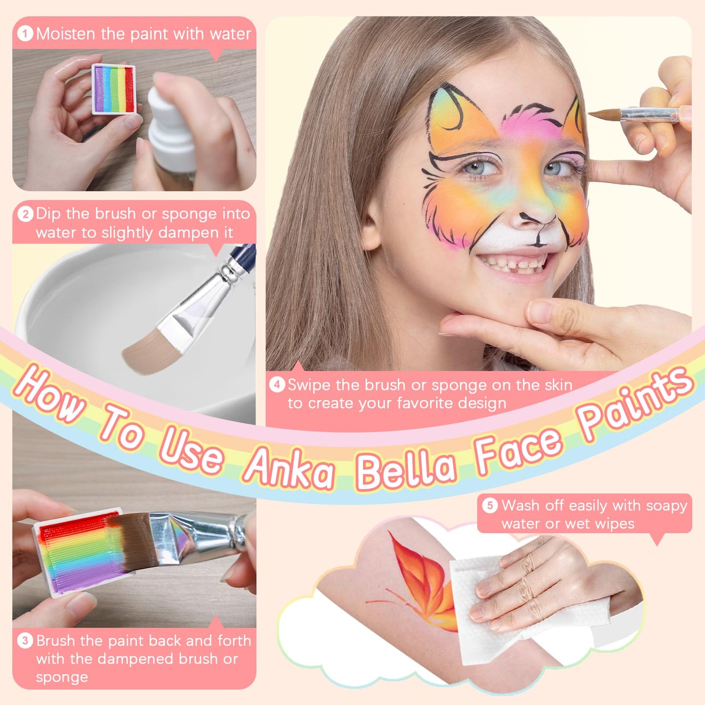 Anka Bella Professional Washable Face Paint(32gm),Water Based Face Painting Kit,Hypoallergenic & Non-Toxic,Gift for Birthday Parties/Halloween/Carnival(Sky Rainbow set)