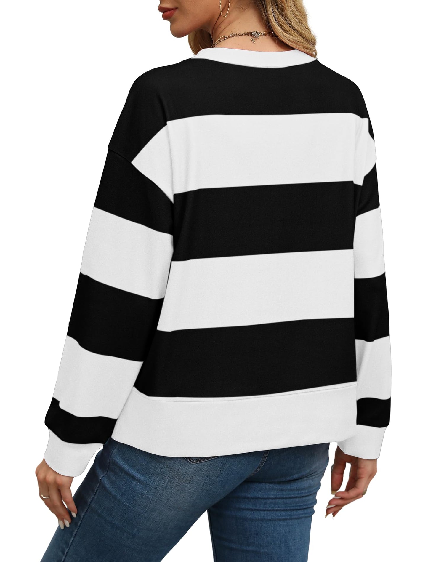Aokosor Crewneck Sweatshirts Women Long Sleeve Tops Color Block Striped Black and White Sweaters for Women XL