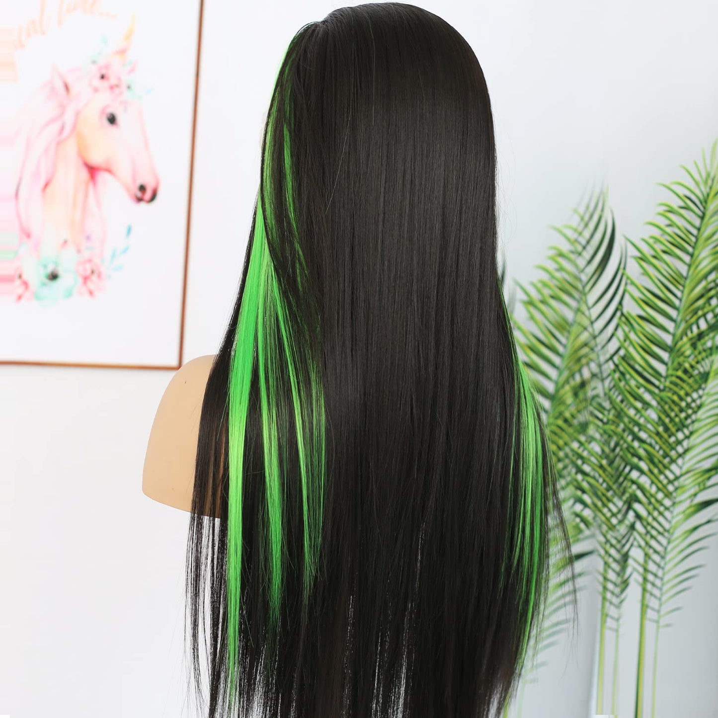 ANDRIA Lace Front Wigs Straight Hair Glueless Lace Wigs Synthetic Long Silk Straight Natural Wig Heat Resistant Fiber Black and Green Skunk Stripe Colorful Wig With Baby Hair For Black Women 24 Inches