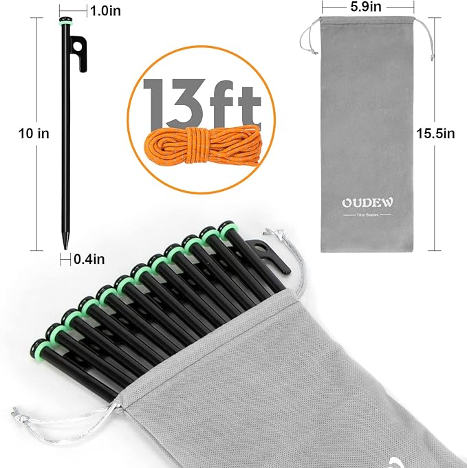 10 inch Tent Stakes Heavy Duty 12 PCS Camping Tent Stakes for Yard and Ground with Reflective Camping Ropes and Pegs Bag(Black)