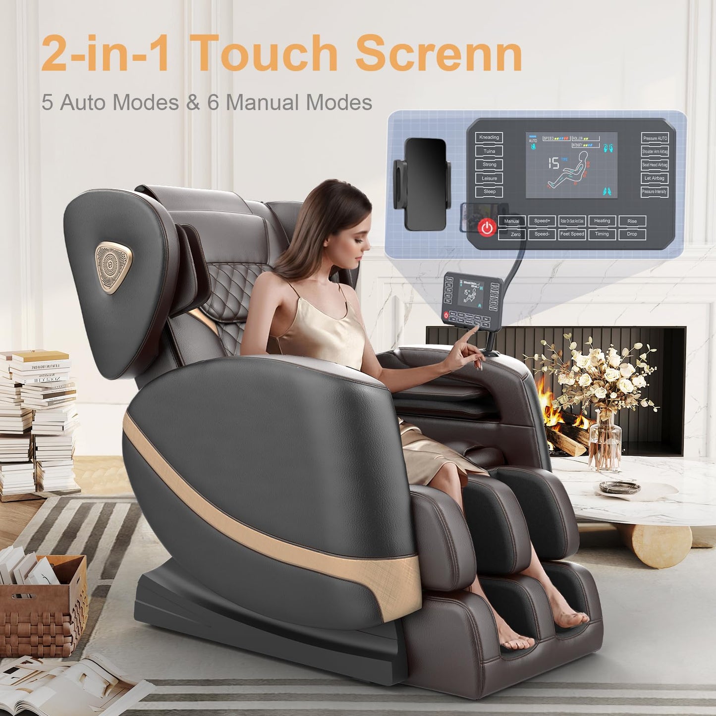 FURNIMAT 2025 Massage Chair Full Body, Zero Gravity Massage Chair with 10 Fix Rollers, Heating, Foot Massage, Auto Modes, Bluetooth Speaker, Touch Screen Controller (Black & Brown)