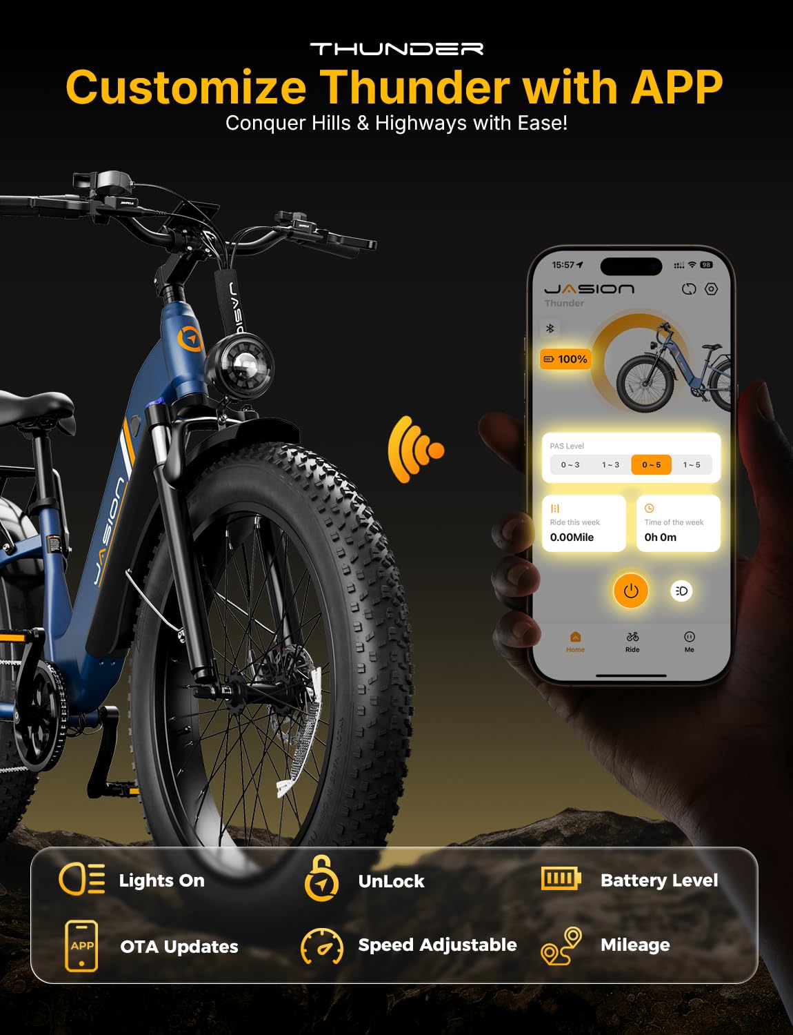 Jasion Thunder Electric Mountain Bike 2PCS, 1500W Peak Motor, 48V 18AH Removable Battery 30+MPH Ebike for Adults APP Control, Hydraulic Brake, Front Suspension, 26'' x 4'' Fat Tire Electric Bicycles B
