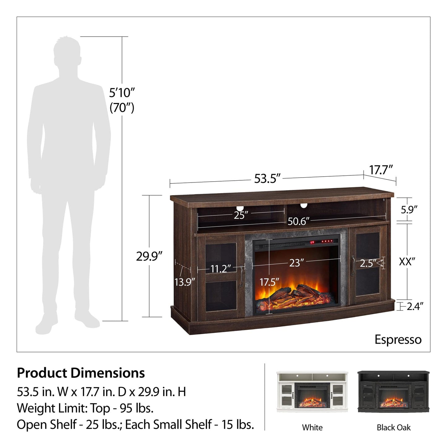 Ameriwood Home Barrow Creek Fireplace Console with Glass Doors for TVs up to 60", Espresso