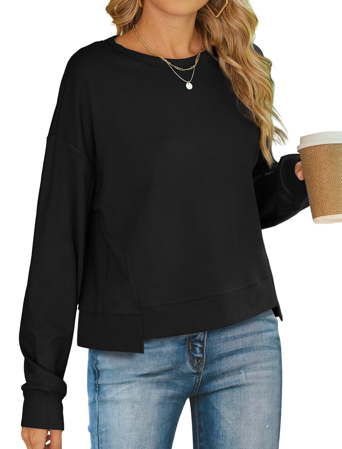 Aokosor Womens Sweatshirts Crewneck Long Sleeve Tops Fall Outfits Womens Fashion 2024 Black L