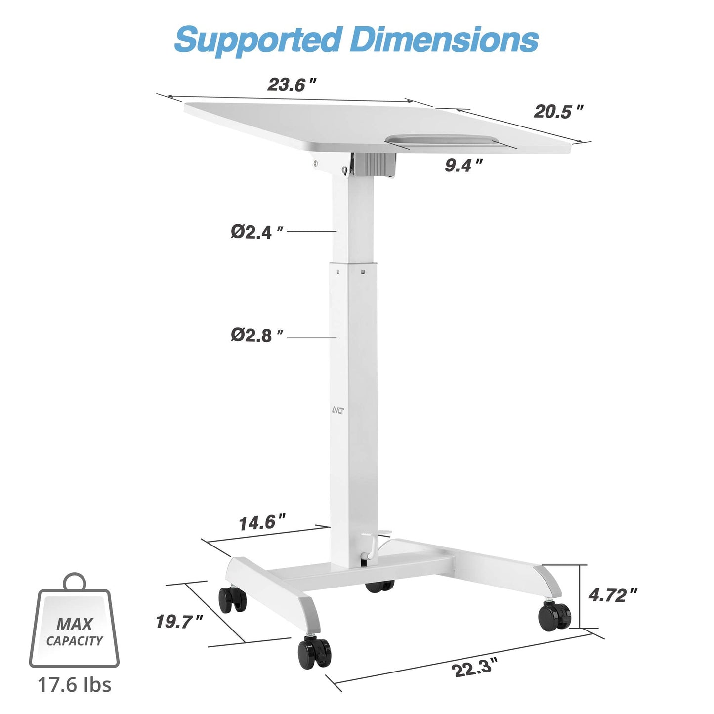AVLT 47" Height Adjustable Mobile Workstation with Tilting Desk (3 ft 11 inches) - Foot Pedal Pneumatic Standing Desk Cart - Mobile Laptop Cart - Mobile White Cart with Brake Casters