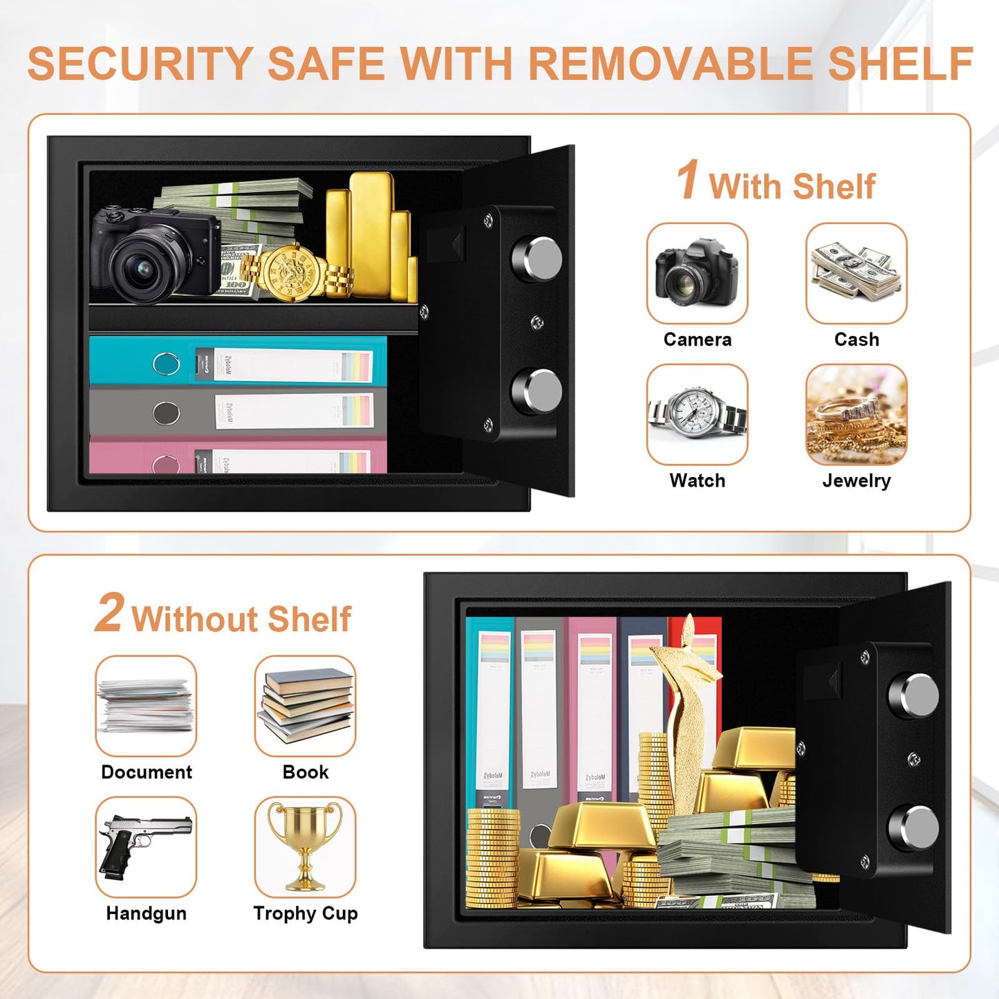 1.2 Cuft Safe Box Fireproof Waterproof for Home, Fire proof Safes with Digital Keypad, Spare Keys and Removable Shelf, Security Fire Safe for Money Firearms Medicine Valuables