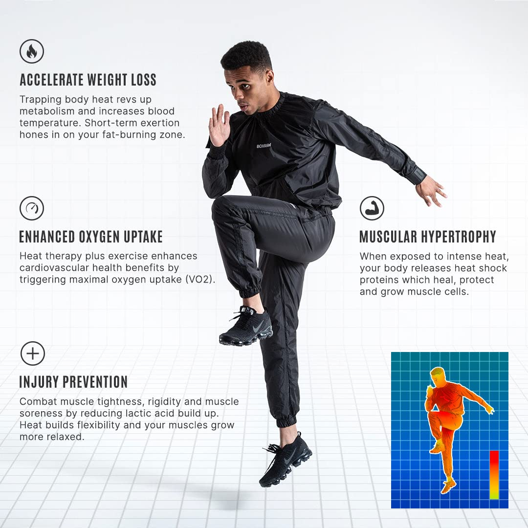 BOXRAW Hagler Professional Sauna Suit 1.0 Top & Bottoms Non Rip Weight Loss Sweat Suit Boxing MMA Training Gym (Black - L)