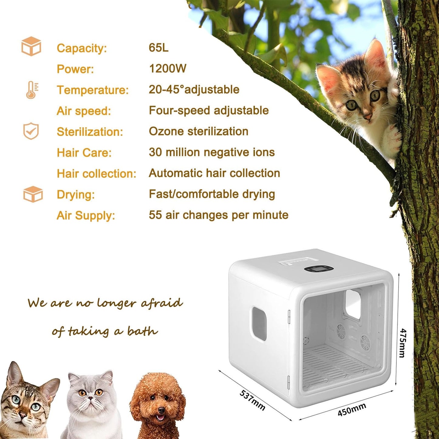 WENMEE 65L Automatic Opening Door Pet Dryer Box, Ultra Quiet 360° Hair Dryer for Cats and Small Dogs