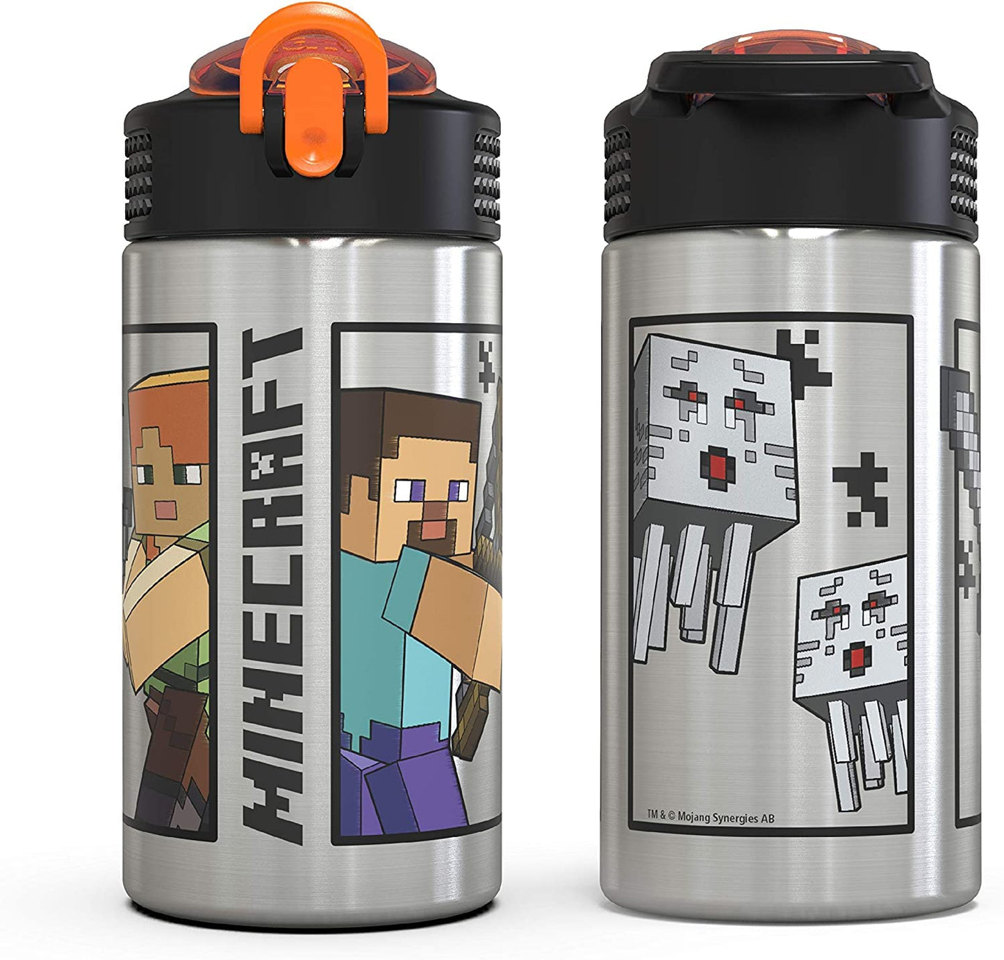 Zak Designs Minecraft - Stainless Steel Water Bottle with One Hand Operation Action Lid and Built-in Carrying Loop, with Straw Spout is Perfect for Kids (15.5 oz, 18/8, BPA-Free)