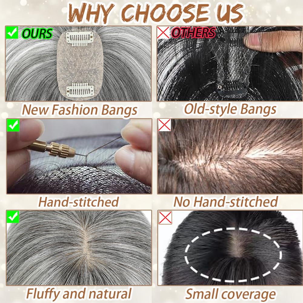Amchoice Hair Toppers for Women Real Human Hair, Bangs Hair Clip 360° 3D Cover Human Hair Topper with Bangs, Human Hair Toppers for Women Daily (Gray, 3D Wispy Bangs (5 * 9))