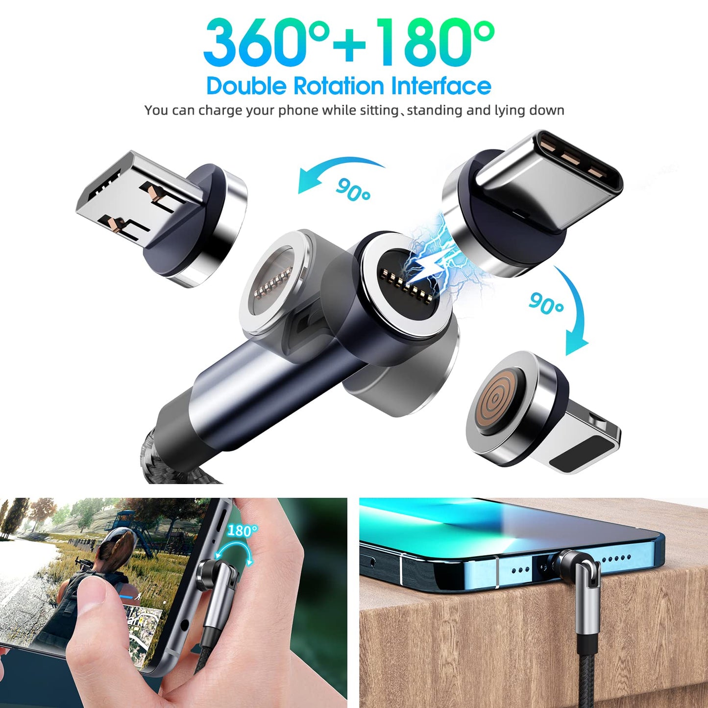 Ankndo 5-in-1 Magnetic Charging Cable, 540° Rotation Magnetic Phone Charger [4-Pack, 3ft/3ft/6ft/10ft] USB A/Type C Fast Charging Cable for iPhone/Micro USB/USB C Devices