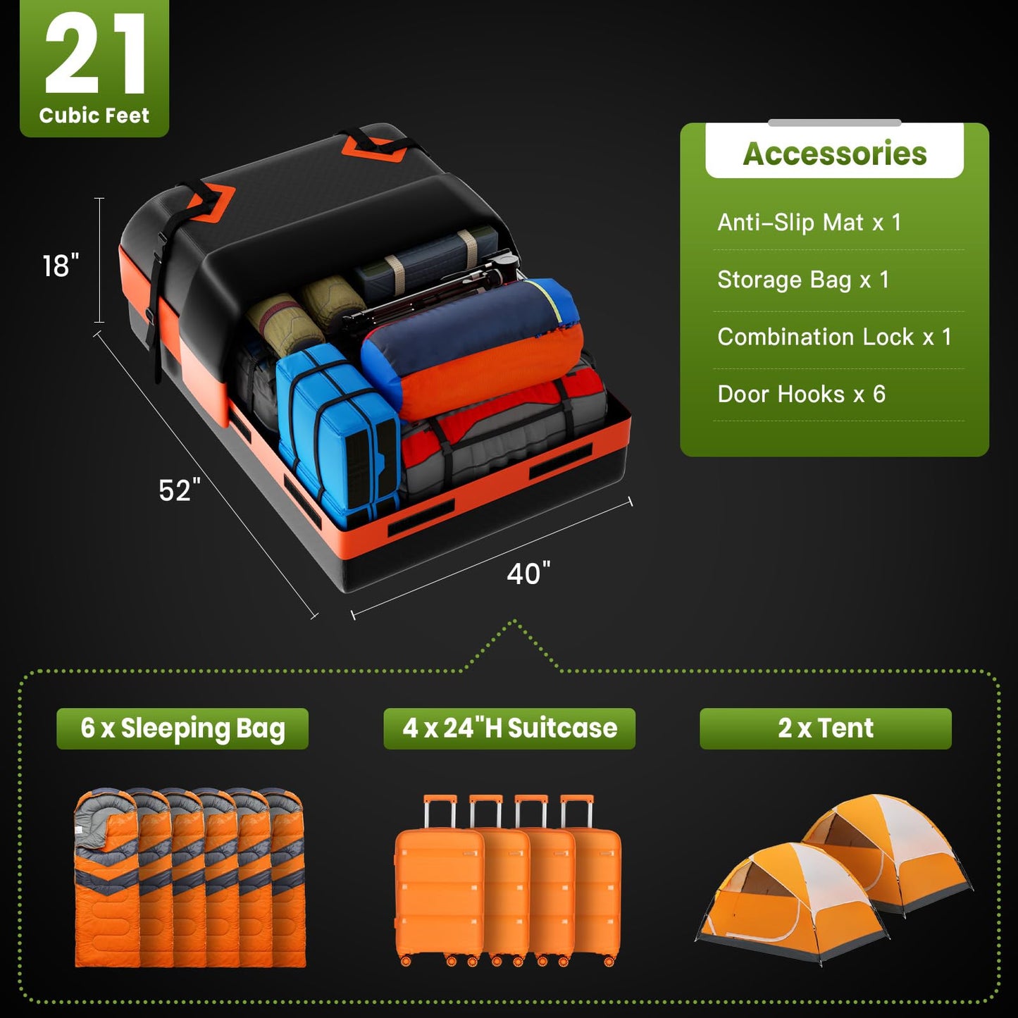 APTY 21 Cubic Feet Car Rooftop Cargo Bag Carrier, Soft Roof Top Luggage Bag for All Vechicles with/Without Racks - with Waterproof Zip, Luggage Lock, Anti-Slip Mat, Storage Bag, Door Hooks